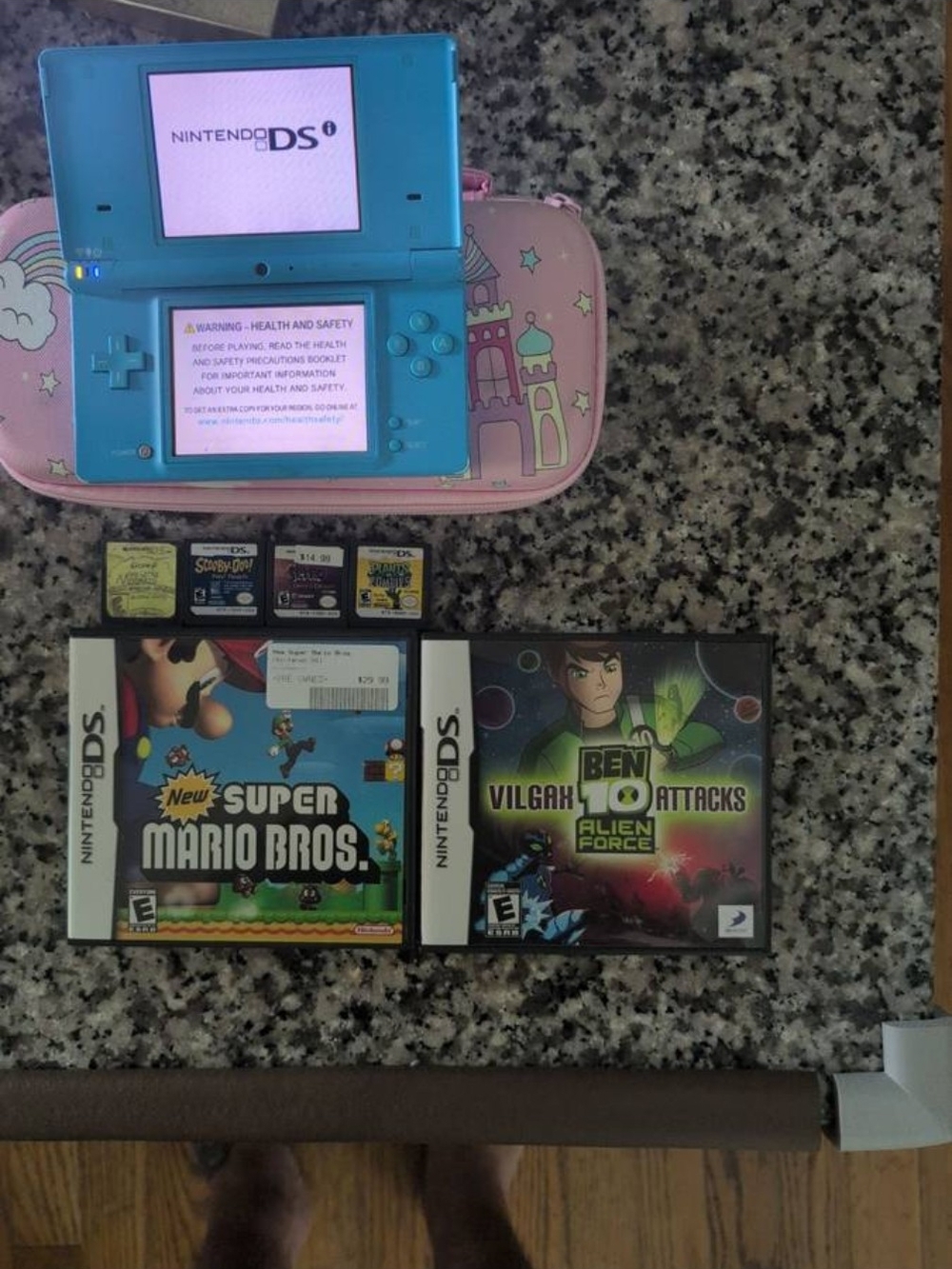 Nintendo DS Lite Turquoise Handheld with Pink Carrying Case and Games